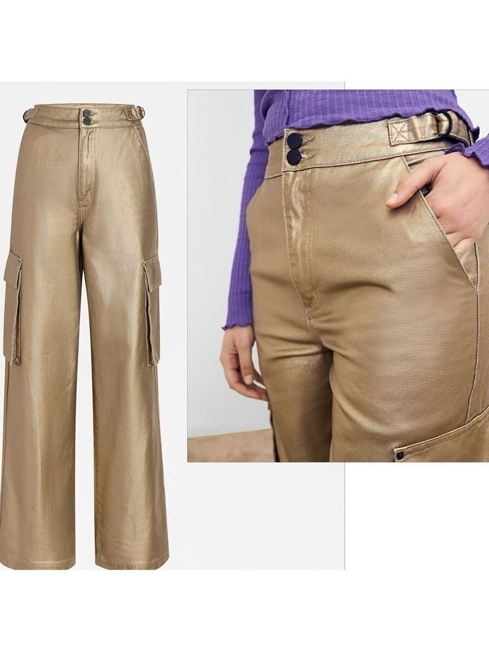 Circus NY metallic gold foil High Rise Slouchy Cargo Denim Jean pants NWT